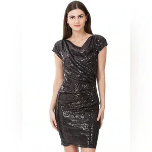 Hale Bob Black Sequin Dress Ruched Cowl Neck Cap Sleeve Mini Dress Medium